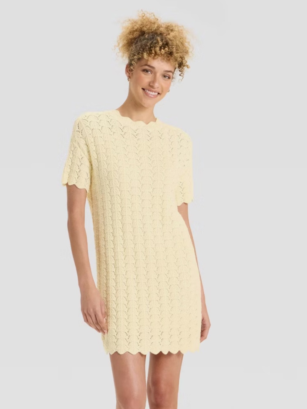 A New Day Cream Short Sleeve Pointelle Mini Sweater Knit Dress